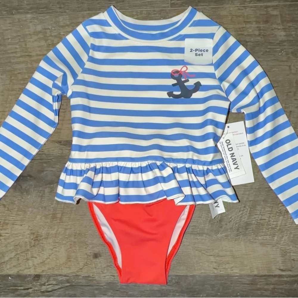Old Navy Blue & White Stripe Rashguard Two-Piece with Red Bottoms